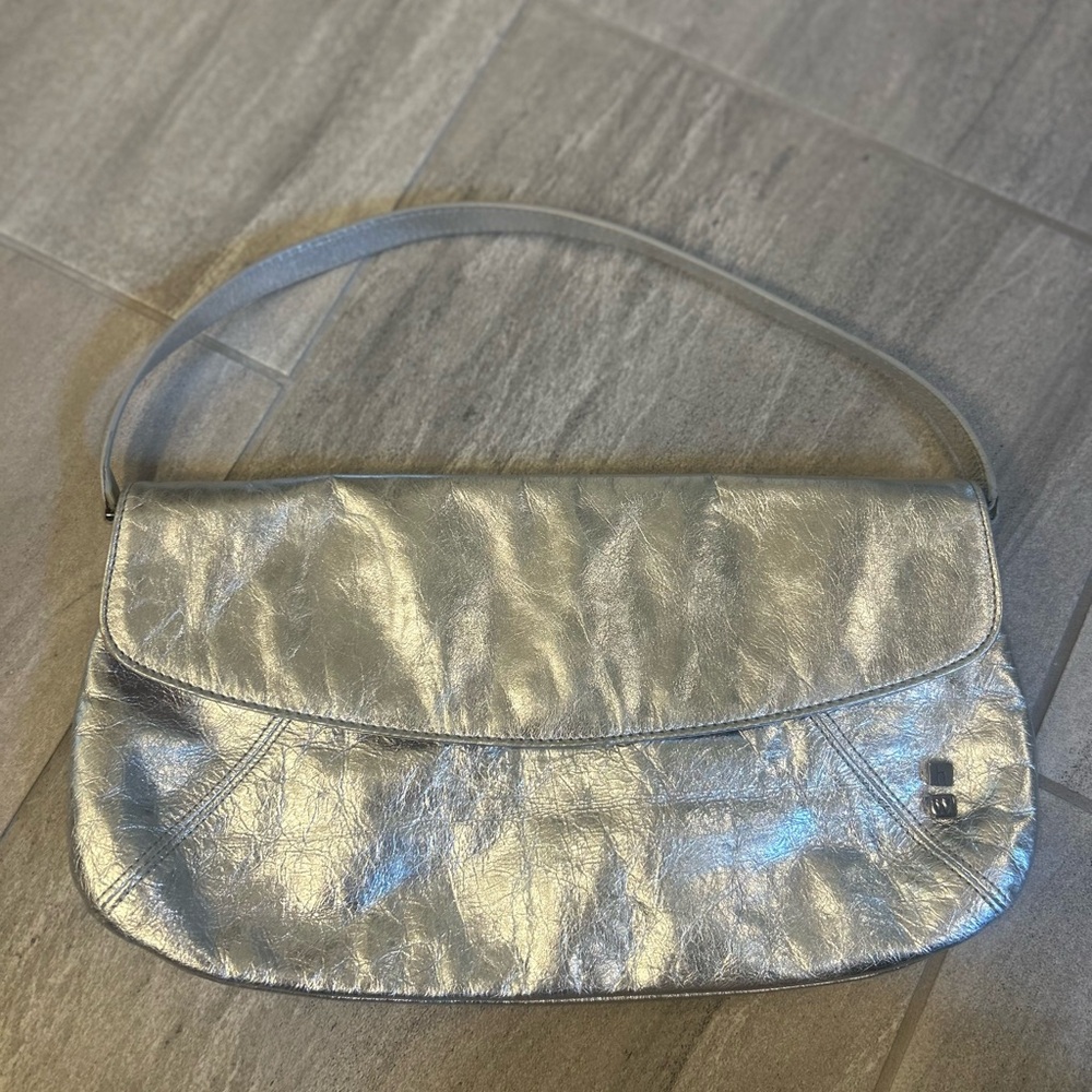 Silver Reflective Shoulder Bag with Crinkled Texture